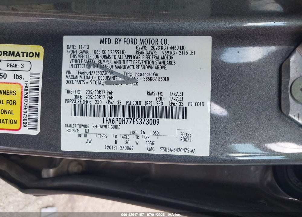 2014 FORD FUSION VIN: 1FA6P0H77E5373009