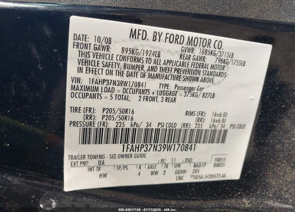 2009 FORD FOCUS VIN: 1FAHP37N39W170841
