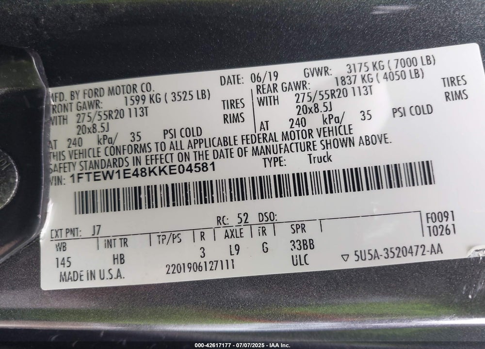 2019 FORD F-150 VIN: 1FTEW1E48KKE04581