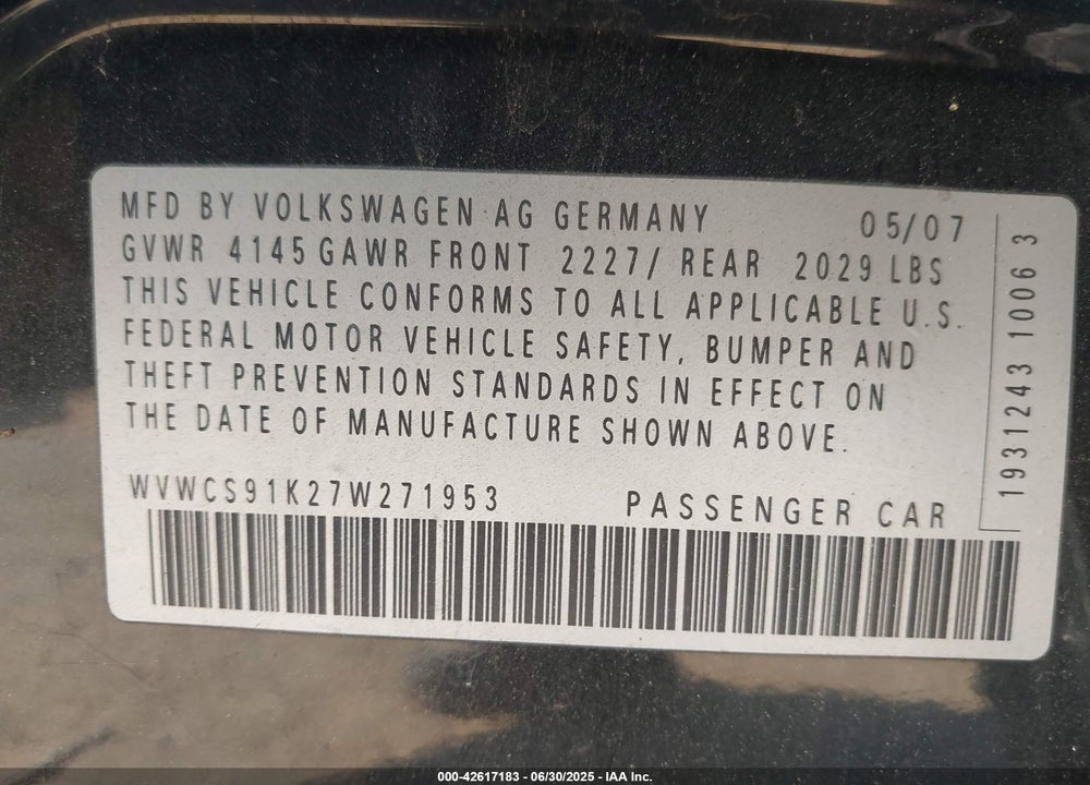 2007 VOLKSWAGEN RABBIT VIN: WVWCS91K27W271953