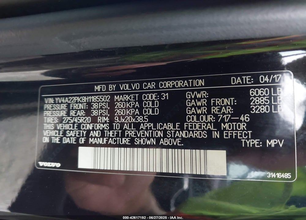 2017 VOLVO XC90 T6 MOMENTUM VIN: YV4A22PK8H1185502