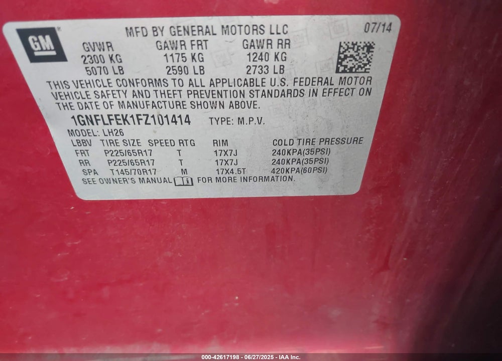 2015 CHEVROLET EQUINOX 1LT VIN: 1GNFLFEK1FZ101414