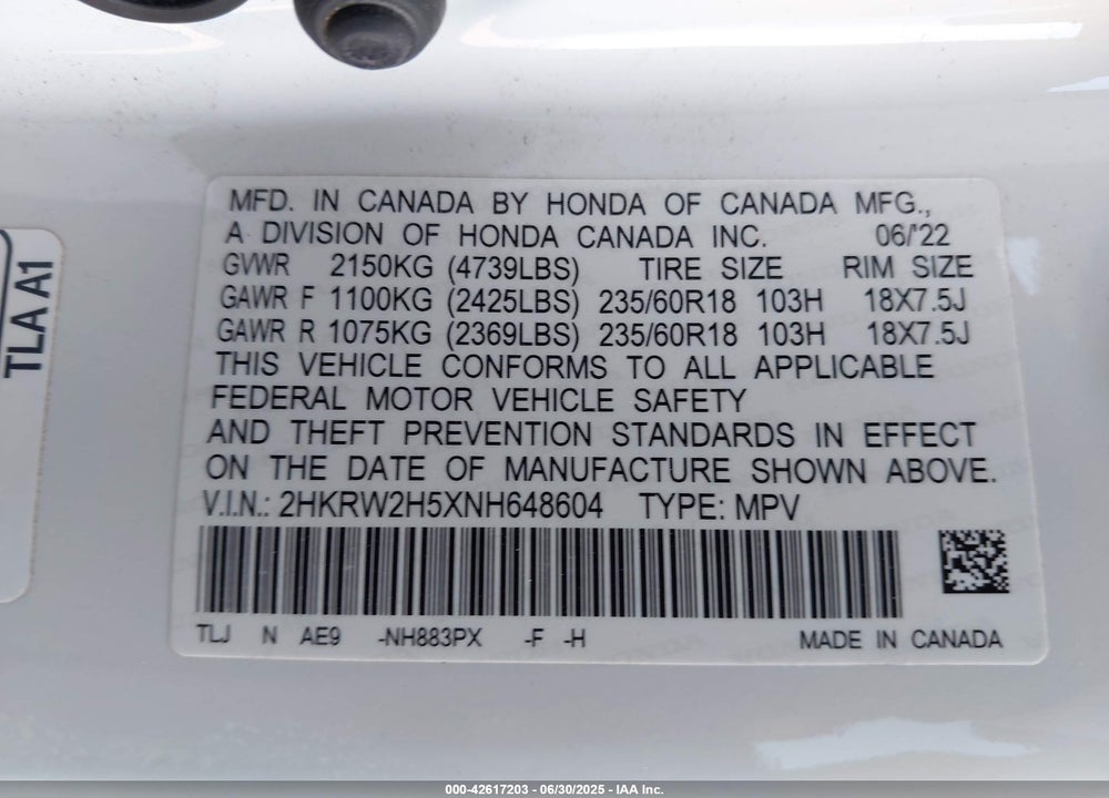 2022 HONDA CR-V VIN: 2HKRW2H5XNH648604