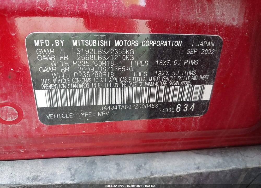 2023 MITSUBISHI OUTLANDER VIN: JA4J4TA89PZ008483