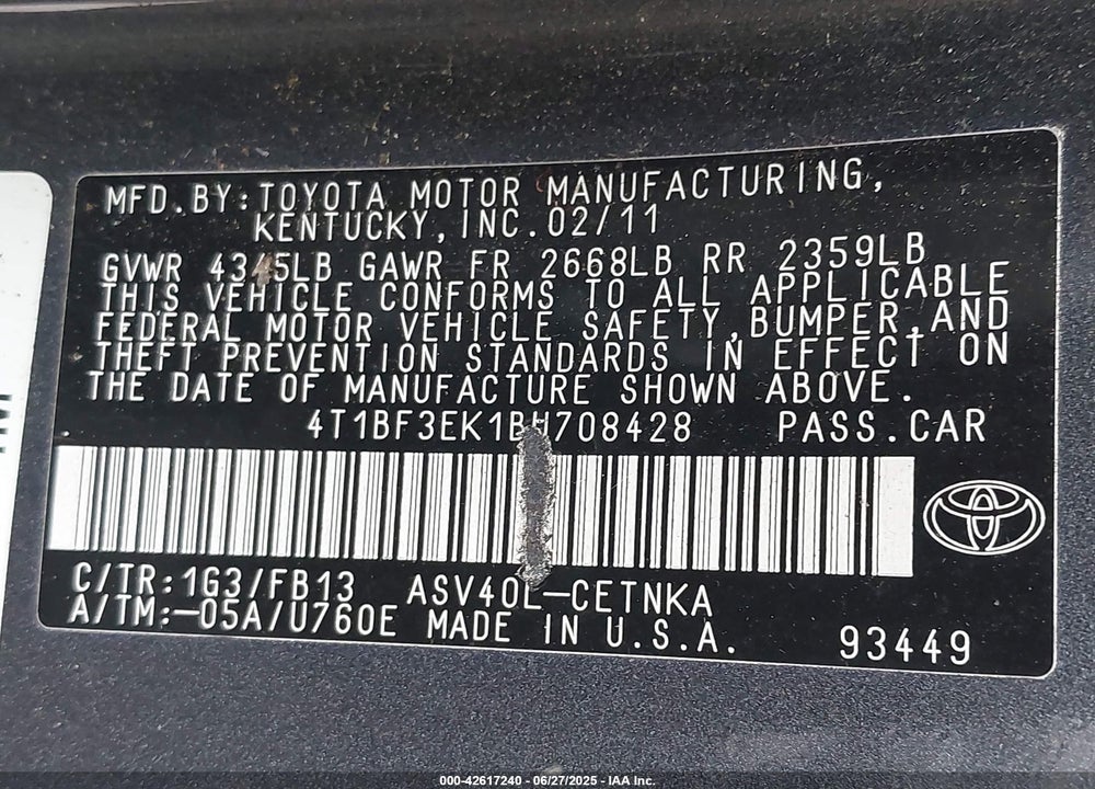 2011 TOYOTA CAMRY VIN: 4T1BF3EK1BU708428