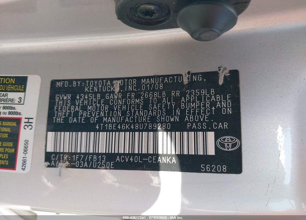 2008 TOYOTA CAMRY LE VIN: 4T1BE46K48U789280