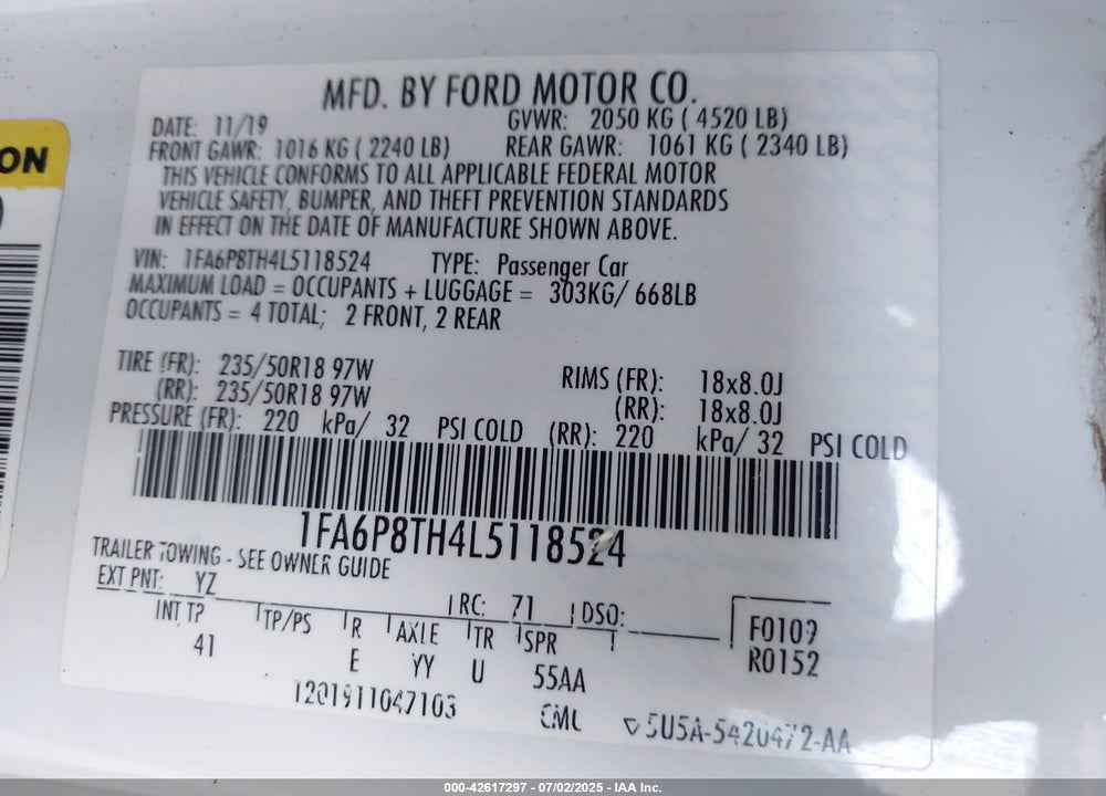 2020 FORD MUSTANG VIN: 1FA6P8TH4L5118524