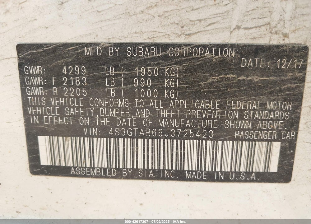 2018 SUBARU IMPREZA VIN: 4S3GTAB66J3725423