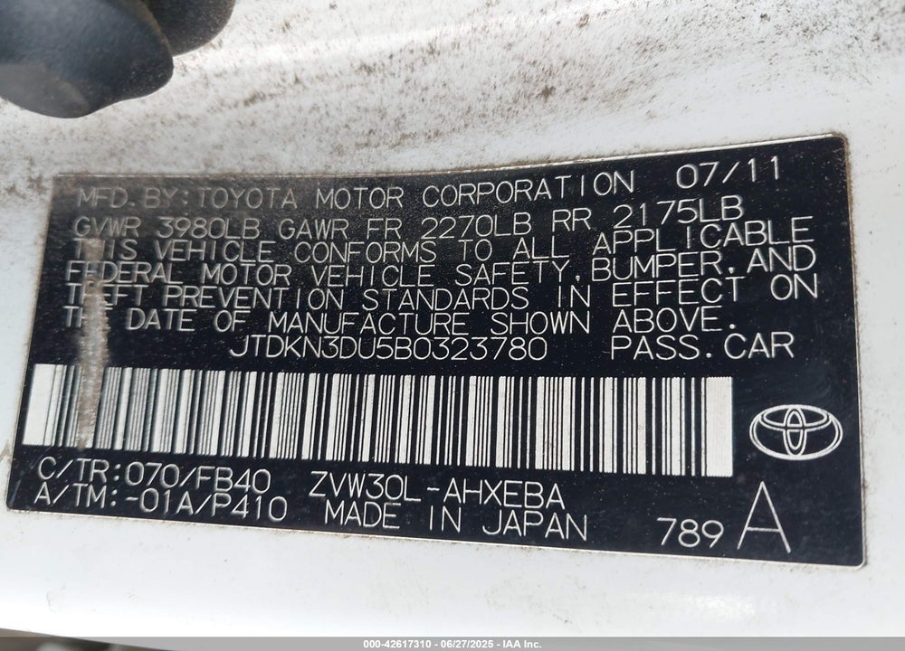 2011 TOYOTA PRIUS VIN: JTDKN3DU5B0323780
