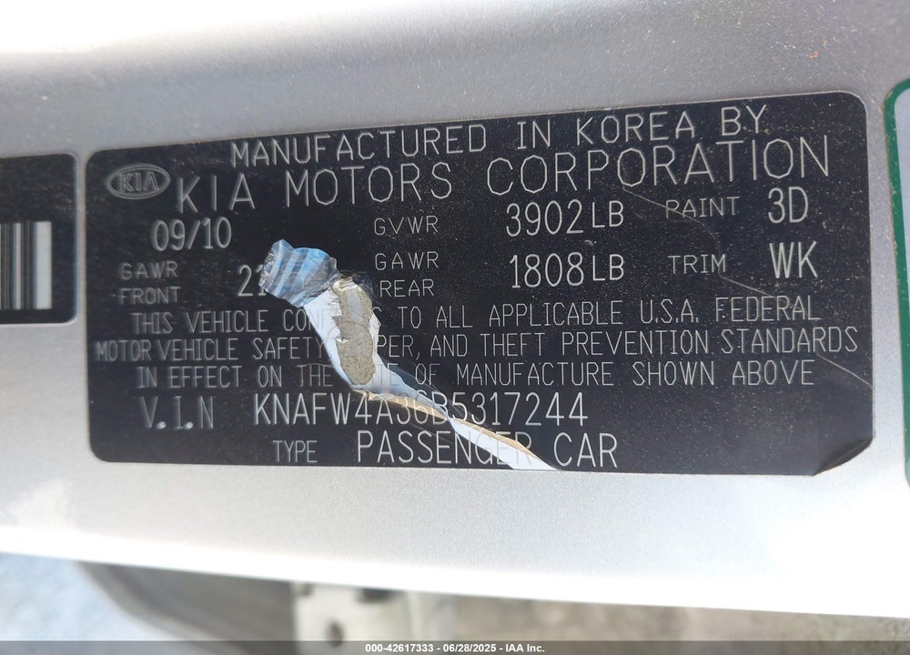 2011 KIA FORTE VIN: KNAFW4A36B5317244