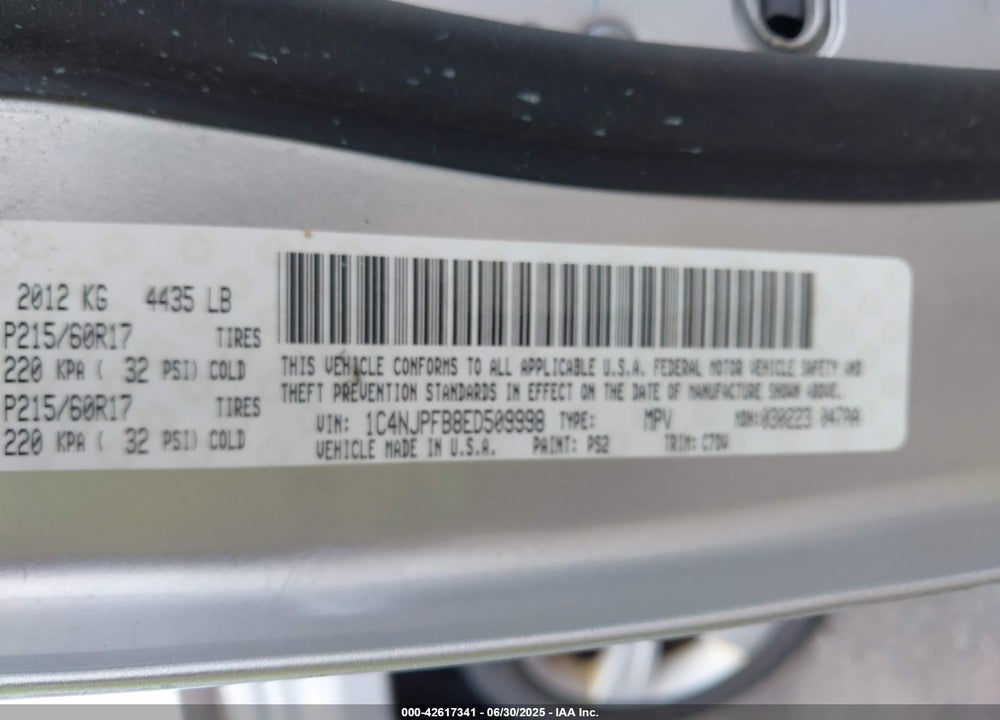 2014 JEEP PATRIOT VIN: 1C4NJPFB8ED509998