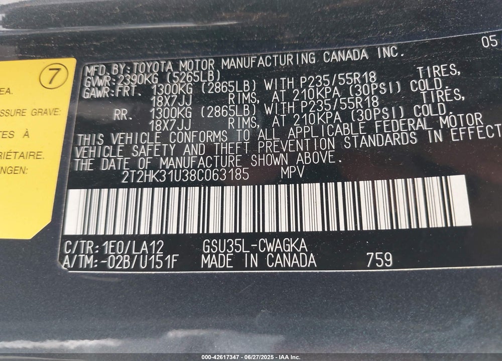 2008 LEXUS RX350 VIN: 2T2HK31U38C063185