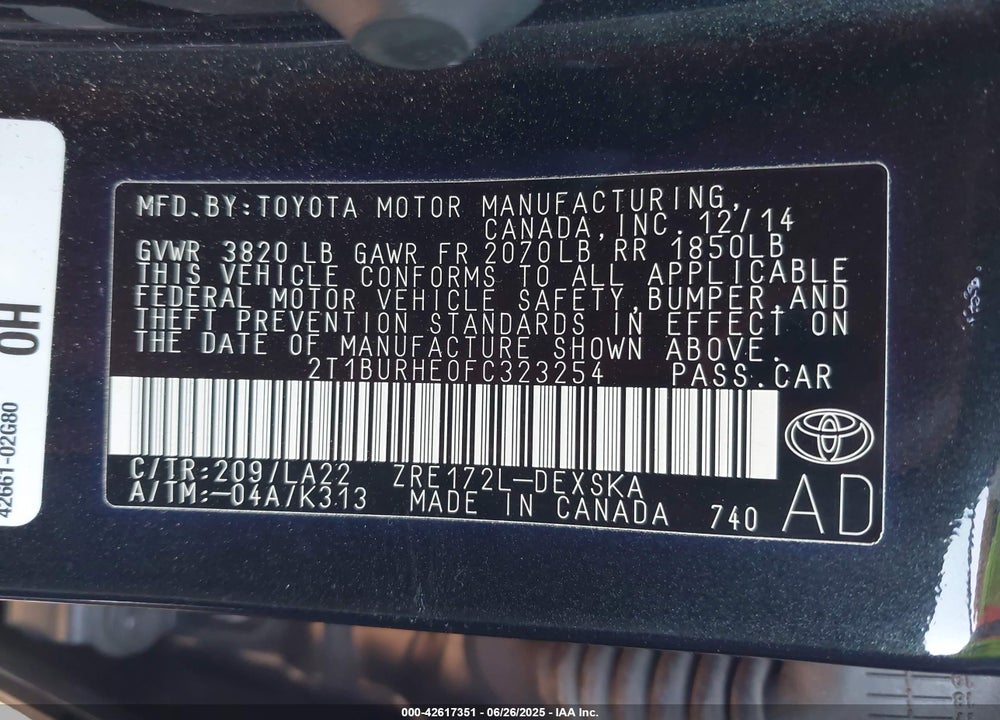 2015 TOYOTA COROLLA VIN: 2T1BURHE0FC323254