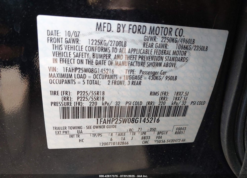 2008 FORD TAURUS VIN: 1FAHP25W08G145216