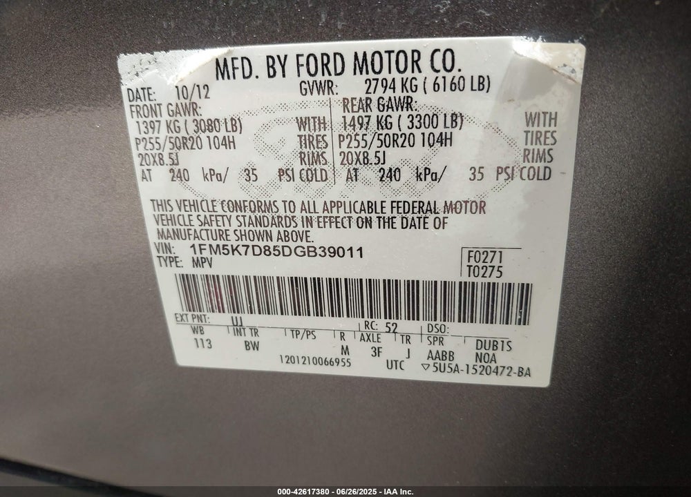 2013 FORD EXPLORER XLT VIN: 1FM5K7D85DGB39011