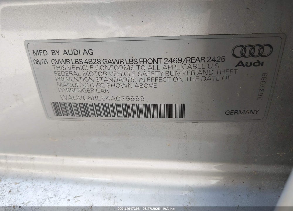 2004 AUDI A4 1.8T AVANT VIN: WAUVC68E54A079999