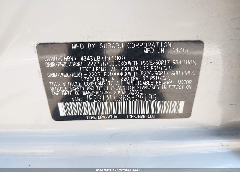 2019 SUBARU CROSSTREK VIN: JF2GTAEC9K8328196