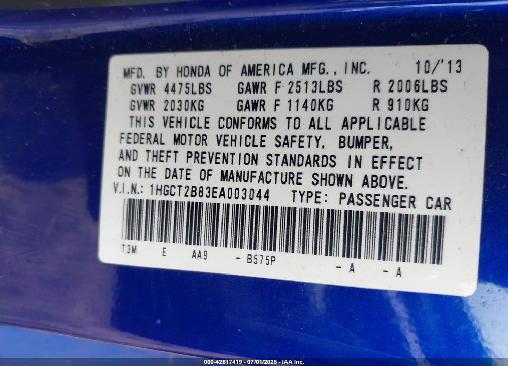 2014 HONDA ACCORD VIN: 1HGCT2B83EA003044