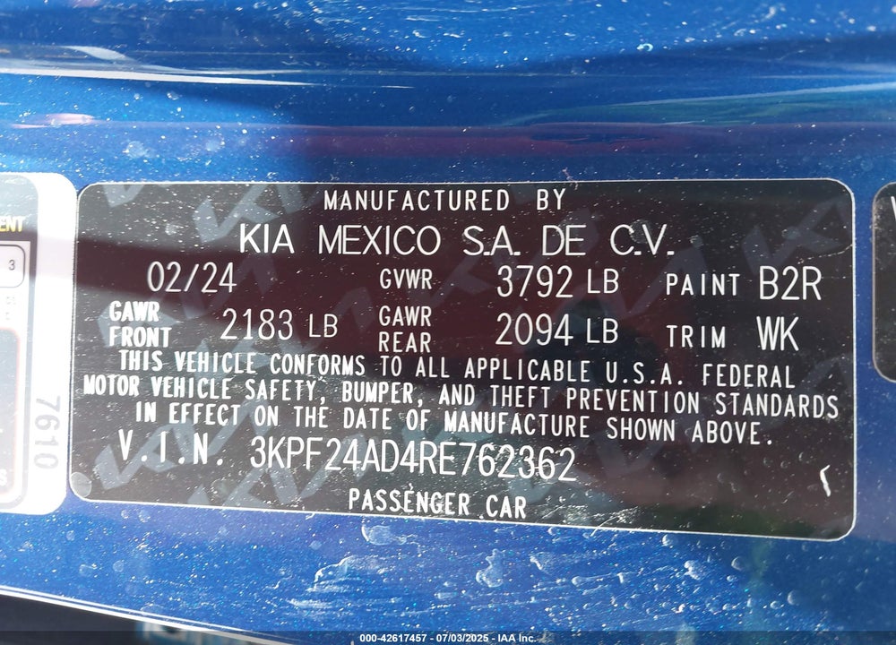 2024 KIA FORTE VIN: 3KPF24AD4RE762362