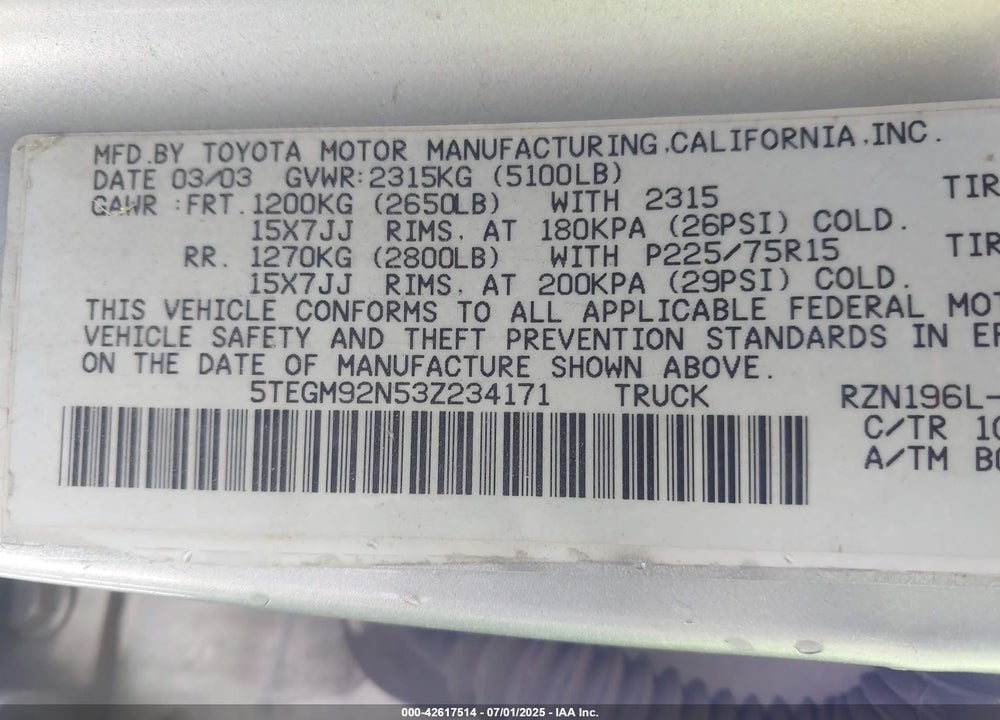 2003 TOYOTA TACOMA PRERUNNER VIN: 5TEGM92N53Z234171