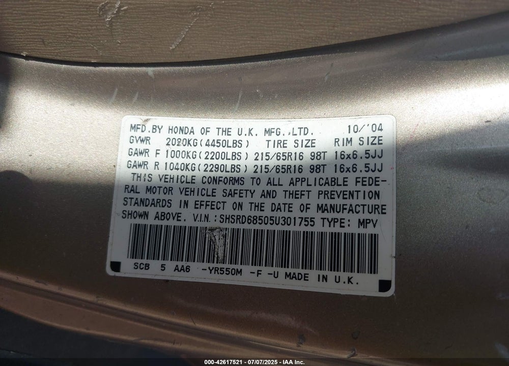 2005 HONDA CR-V LX VIN: SHSRD68505U301755