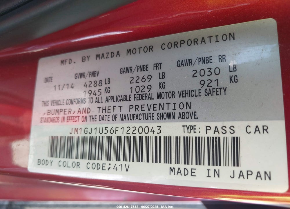 2015 MAZDA 6 I SPORT VIN: JM1GJ1U56F1220043