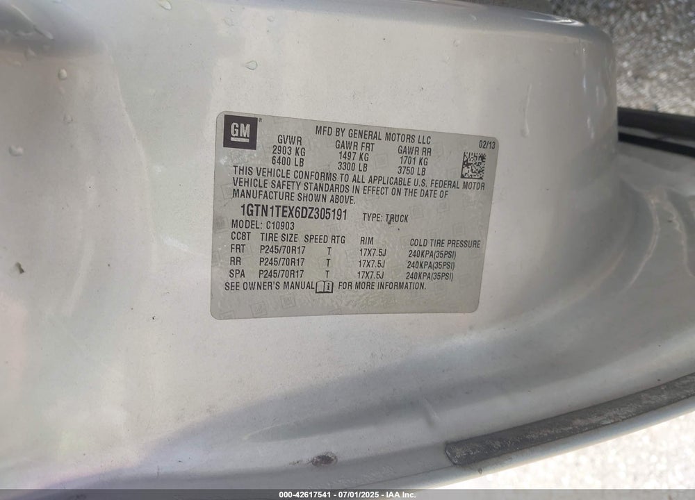 2013 GMC SIERRA 1500 VIN: 1GTN1TEX6DZ305191