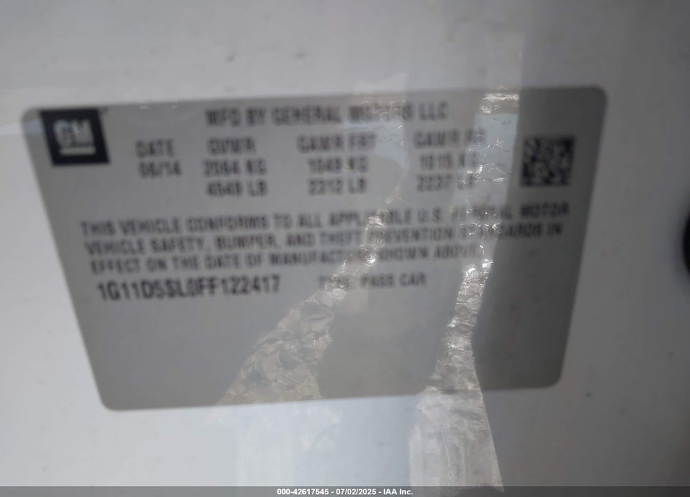 2015 CHEVROLET MALIBU VIN: 1G11D5SL0FF122417
