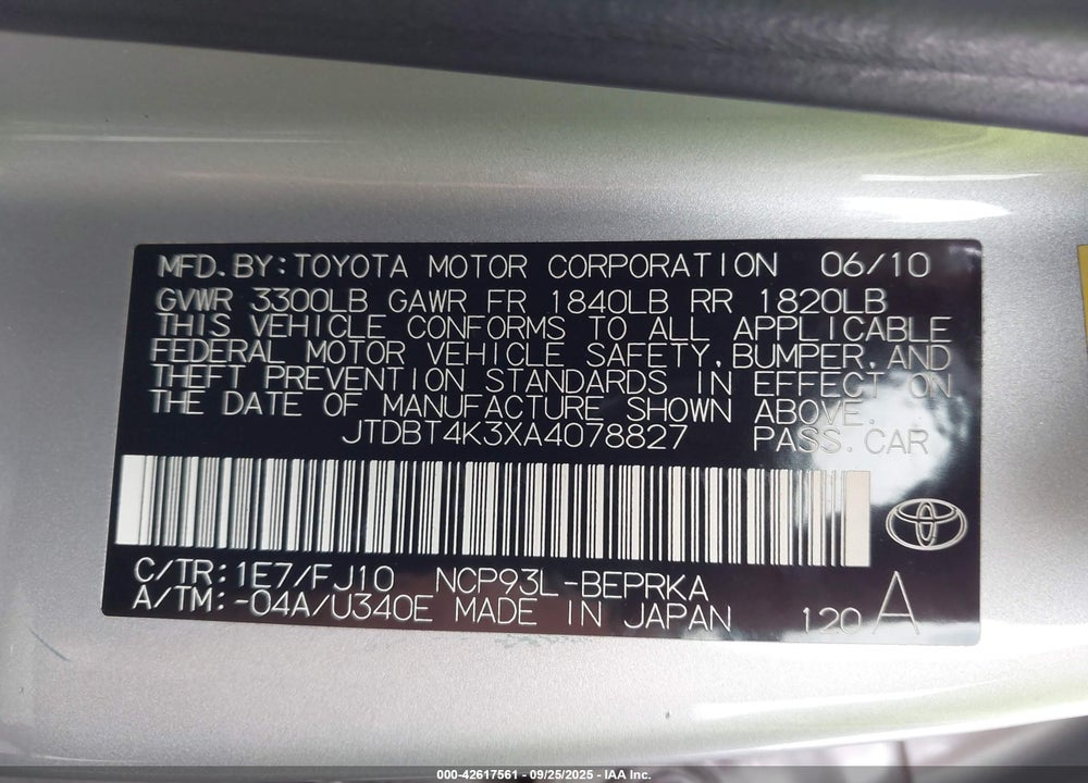 2010 TOYOTA YARIS VIN: JTDBT4K3XA4078827