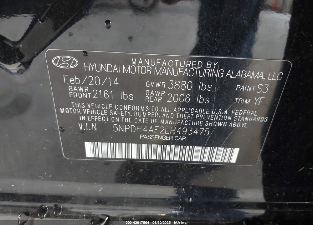 2014 HYUNDAI ELANTRA VIN: 5NPDH4AE2EH493475