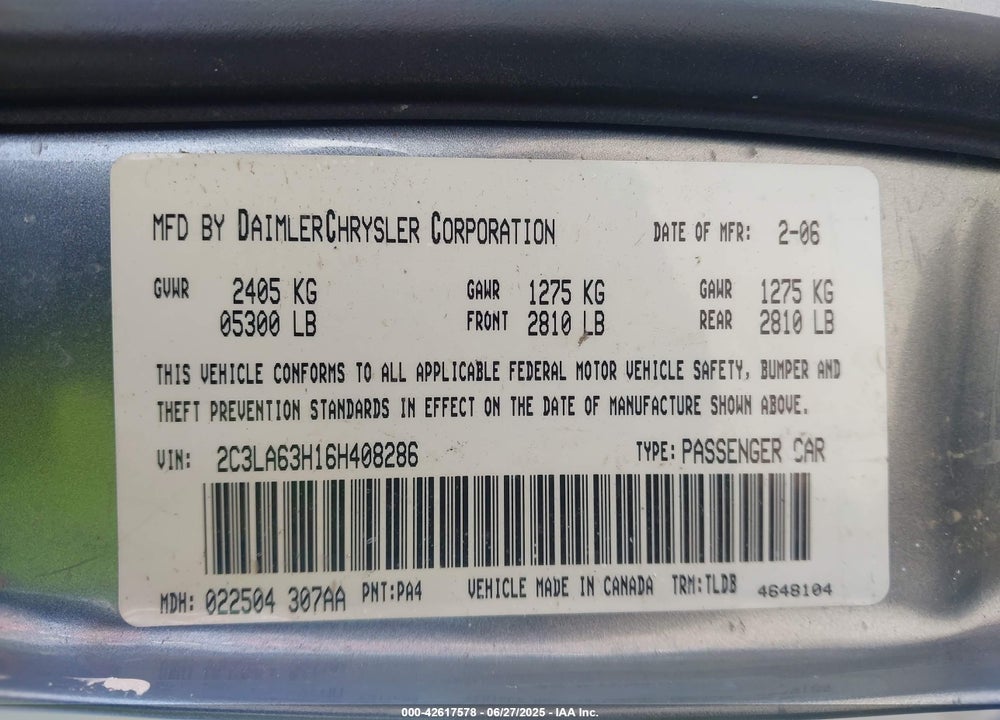 2006 CHRYSLER 300C VIN: 2C3LA63H16H408286