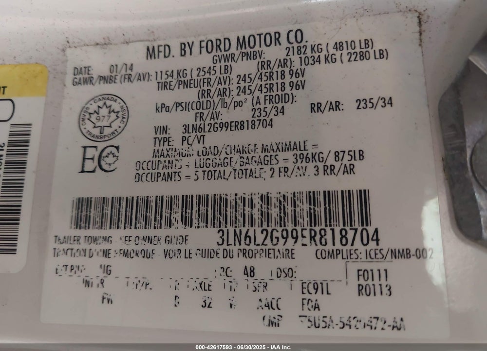 2014 LINCOLN MKZ VIN: 3LN6L2G99ER818704