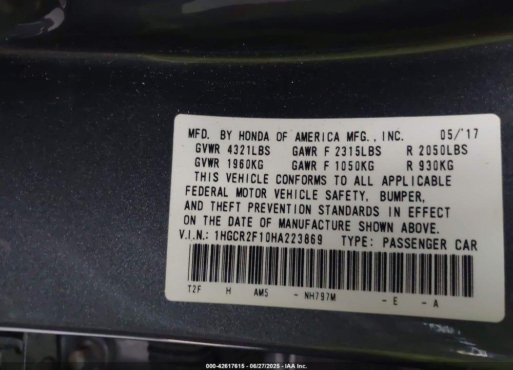 2017 HONDA ACCORD VIN: 1HGCR2F10HA223869