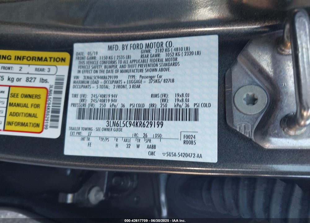 2019 LINCOLN MKZ VIN: 3LN6L5C94KR629199