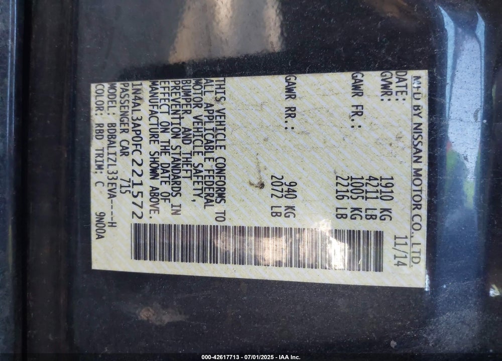 2015 NISSAN ALTIMA VIN: 1N4AL3AP0FC221572