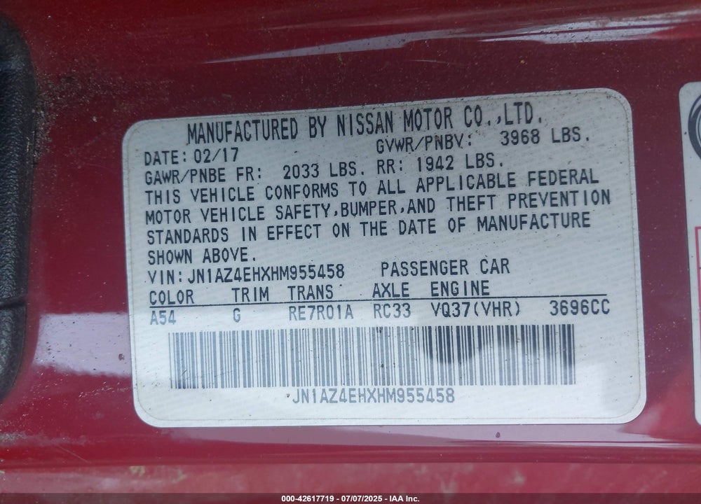 2017 NISSAN 370Z VIN: JN1AZ4EHXHM955458