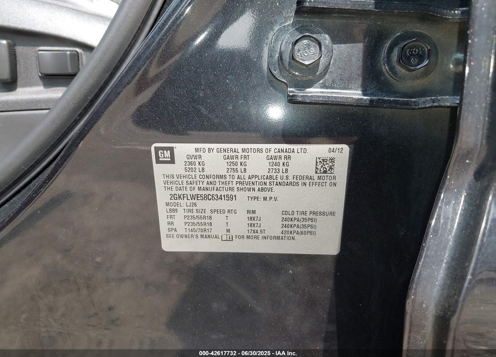 2012 GMC TERRAIN VIN: 2GKFLWE58C6341591