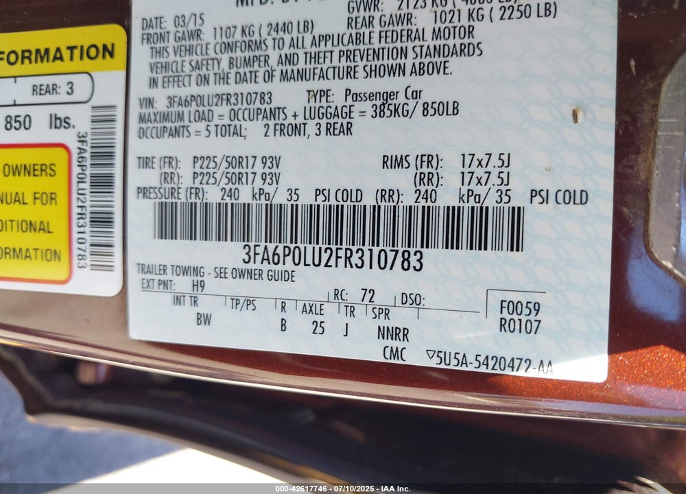 2015 FORD FUSION HYBRID VIN: 3FA6P0LU2FR310783