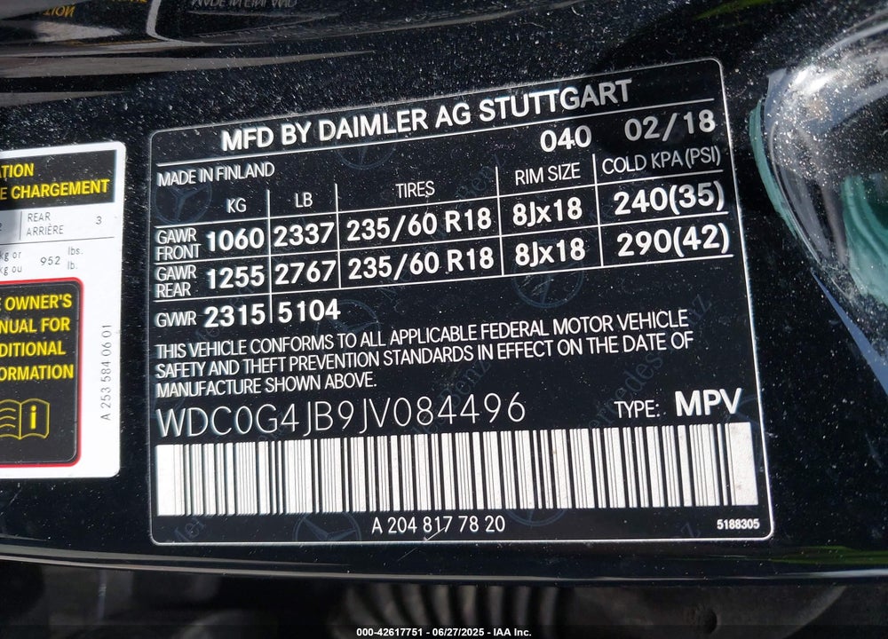 2018 MERCEDES-BENZ GLC CLASS VIN: WDC0G4JB9JV084496