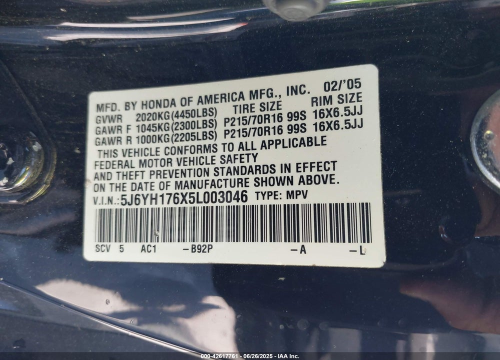 2005 HONDA ELEMENT EX VIN: 5J6YH176X5L003046