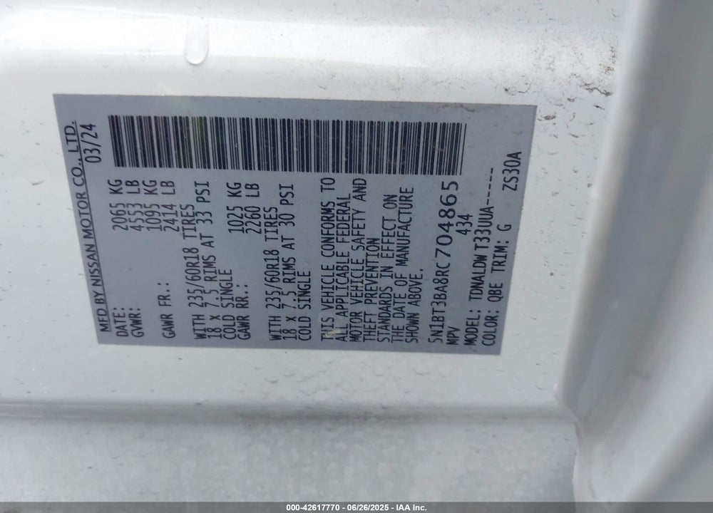 2024 NISSAN ROGUE VIN: 5N1BT3BA8RC704865