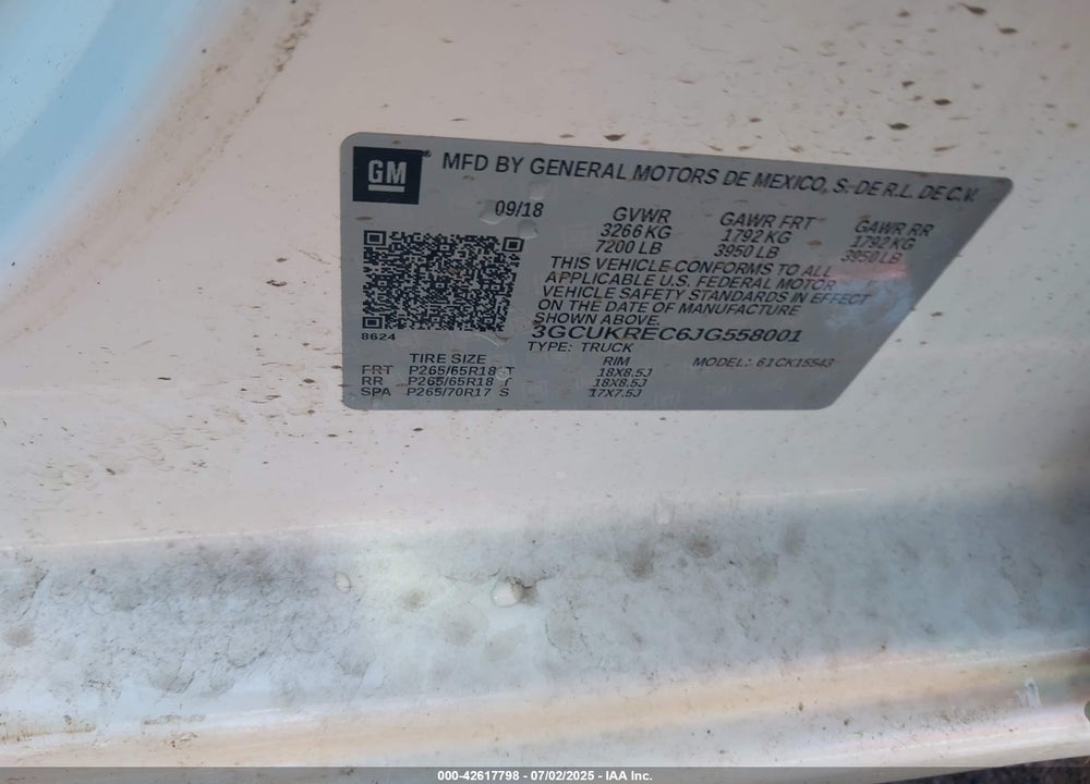 2018 CHEVROLET SILVERADO 1500 VIN: 3GCUKREC6JG558001