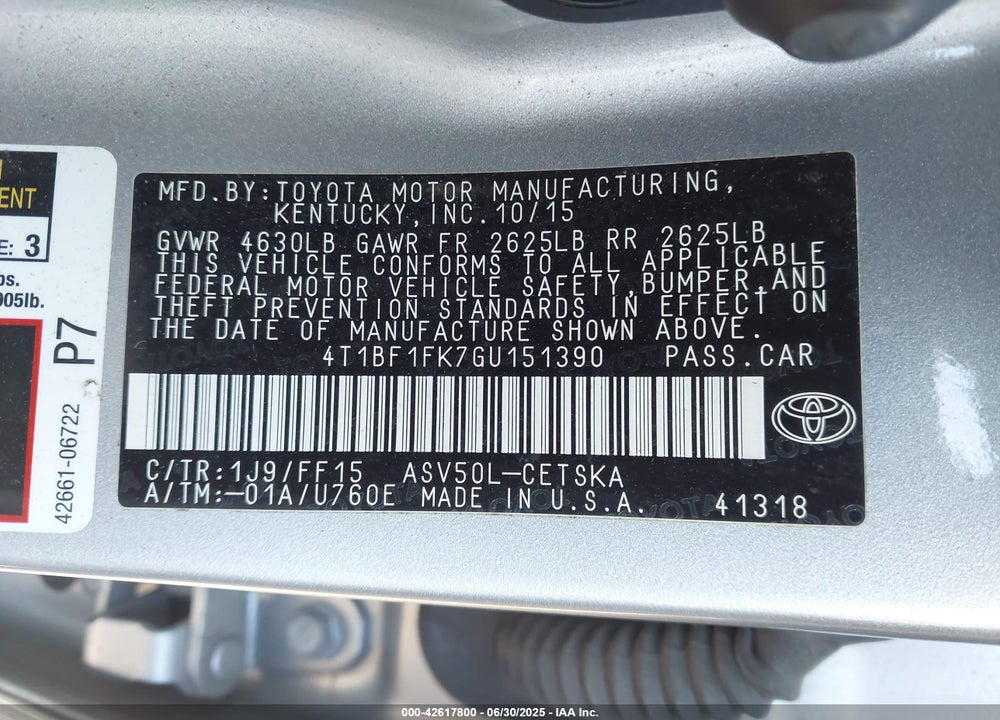 2016 TOYOTA CAMRY VIN: 4T1BF1FK7GU151390