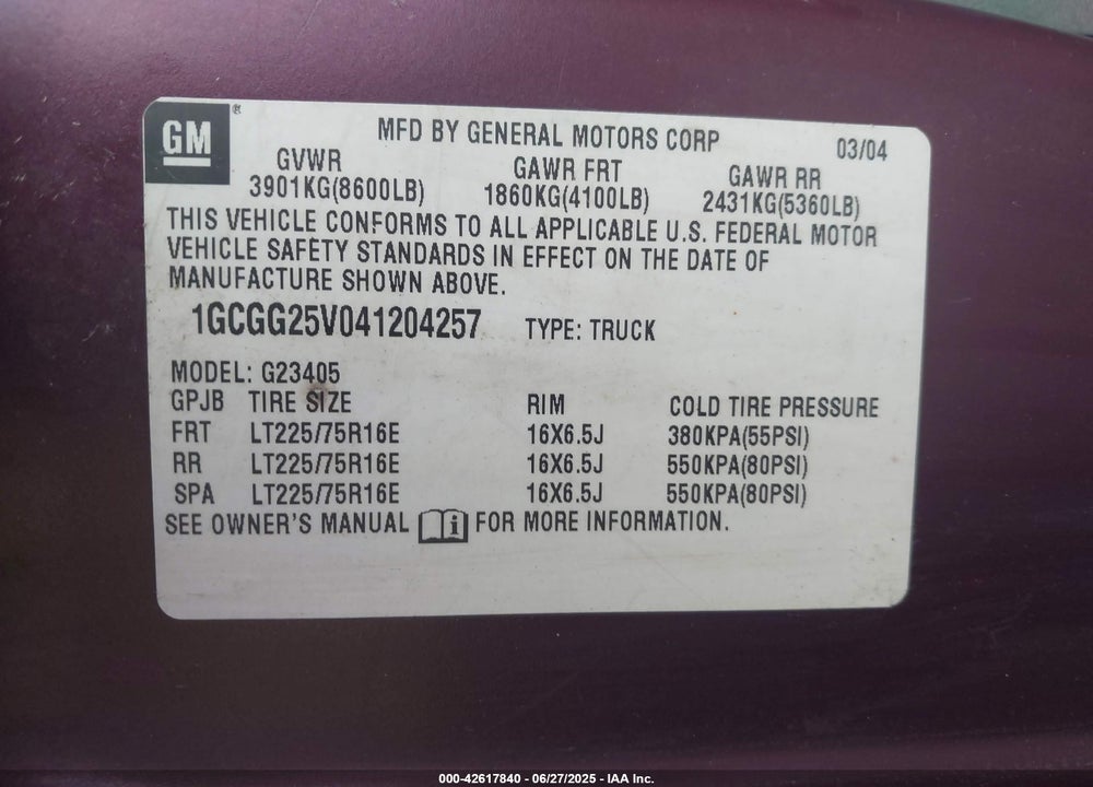 2004 CHEVROLET EXPRESS VIN: 1GCGG25V041204257