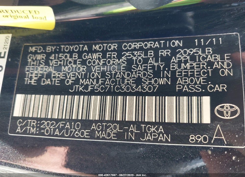 2012 SCION TC VIN: JTKJF5C71C3034307