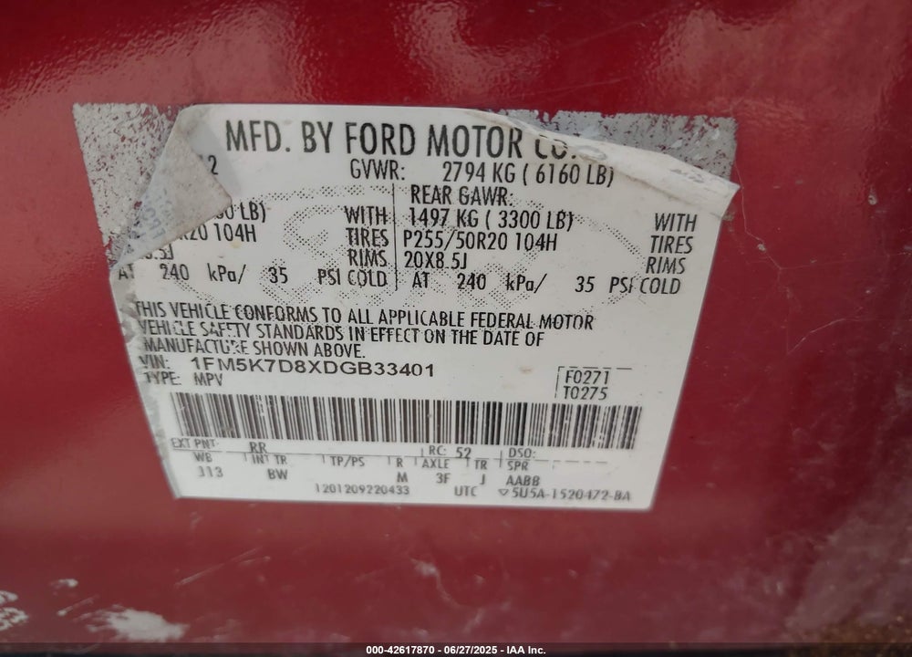 2013 FORD EXPLORER VIN: 1FM5K7D8XDGB33401