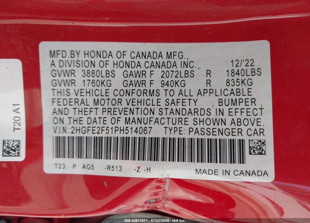 2023 HONDA CIVIC SPORT VIN: 2HGFE2F51PH514067