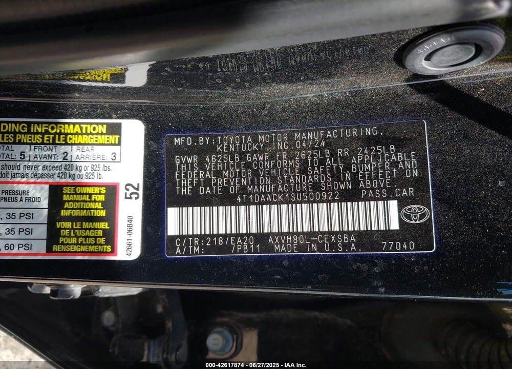 2025 TOYOTA CAMRY VIN: 4T1DAACK1SU500922