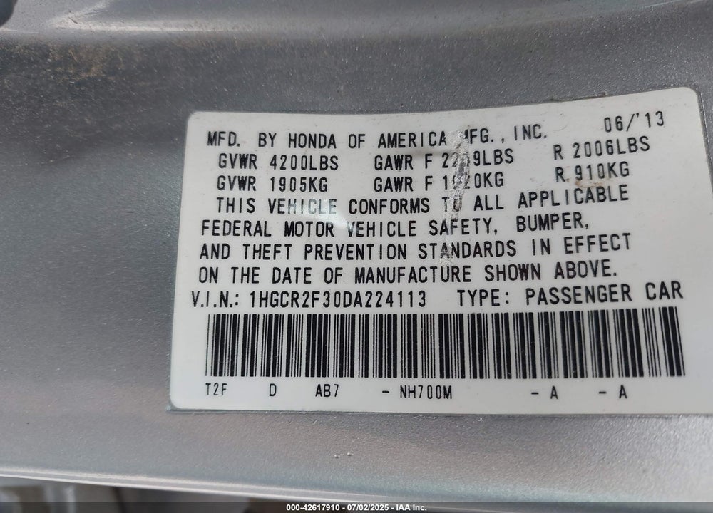 2013 HONDA ACCORD VIN: 1HGCR2F30DA224113