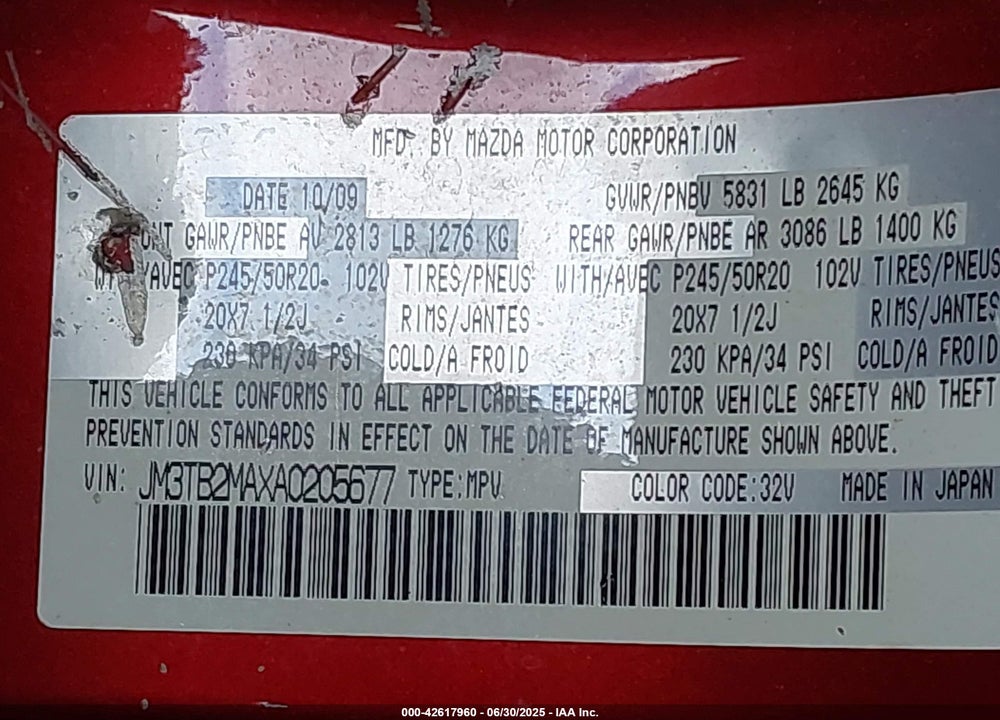 2010 MAZDA CX-9 VIN: JM3TB2MAXA0205677